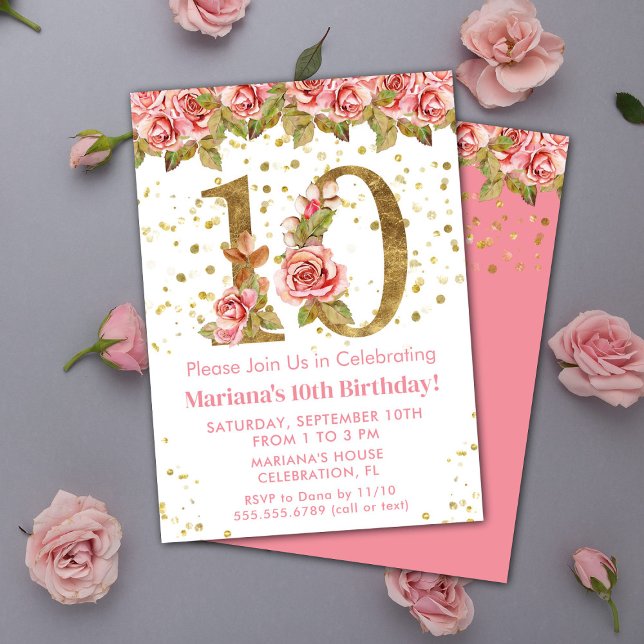 Invitation Fête d'anniversaire 10 ans thème Roses roses (Créateur téléchargé)