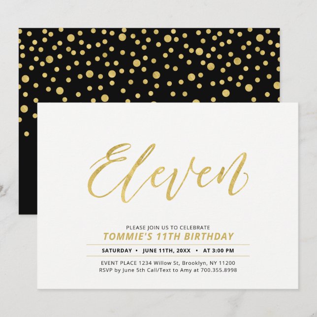 Invitation Fête d'anniversaire 11 ans avec lettrage moderne s (Devant / Derrière)