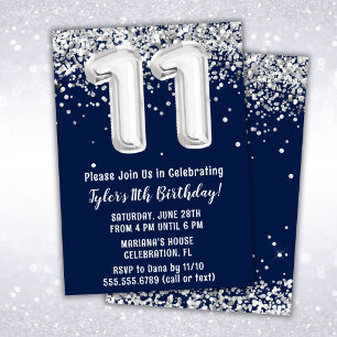 Invitation Fête d'anniversaire 11 ans Bleu Marine Argent