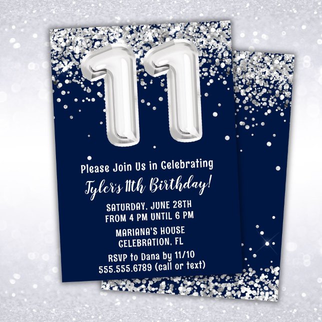 Invitation Fête d'anniversaire 11 ans Bleu Marine Argent (Créateur téléchargé)