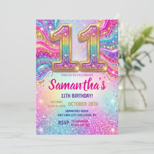 Invitation Fête d'anniversaire 11 ans Paillettes Étincelles A (Debout devant)