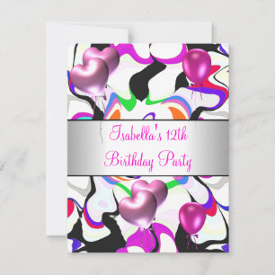 Invitation Fête d'anniversaire 12 ans Ballons abstraits roses