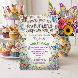 Invitation Fête d'anniversaire 12 ans Papillons Colorés