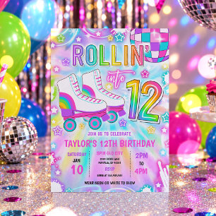 Invitation Fête d'anniversaire 12 ans Roller Skating Neon Glo