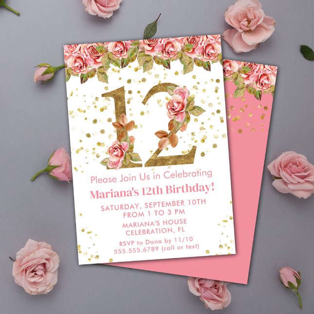 Invitation Fête d'anniversaire 12 ans thème Roses roses (Créateur téléchargé)
