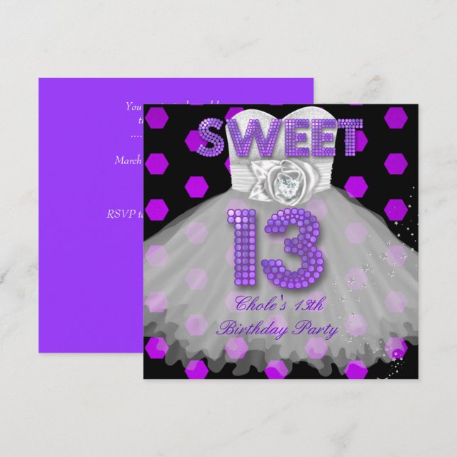 Invitation Fête d'anniversaire 13 ans douce Filles Ado Violet (Devant / Derrière)
