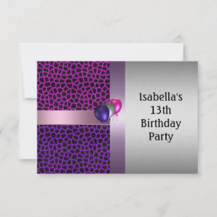 Invitation Fête d'anniversaire 13 ans motif rose violet noir 
