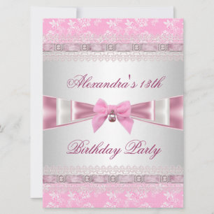 Invitation Fête d'anniversaire 13 ans Rose Blanc Floral Damas