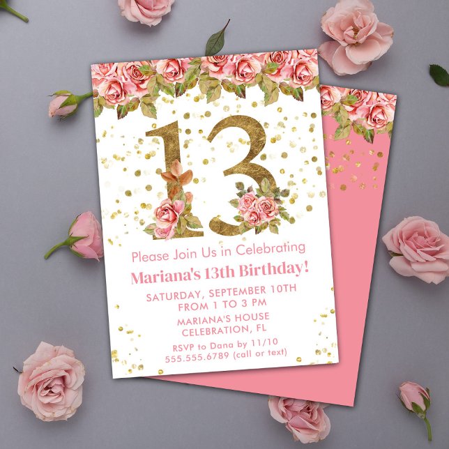 Invitation Fête d'anniversaire 13 ans thème Roses roses (Créateur téléchargé)