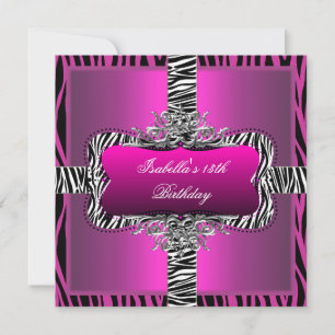 Invitation Fête d'anniversaire 13ème Ado Wild Pink Zebra Blac