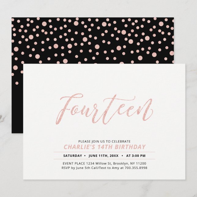 Invitation Fête d'anniversaire 14 ans avec lettrage moderne e (Devant / Derrière)