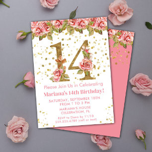 Invitation Fête d'anniversaire 14 ans Pink Roses Floral