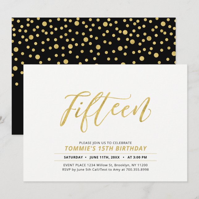 Invitation Fête d'anniversaire 15 ans avec lettrage simple mo (Devant / Derrière)