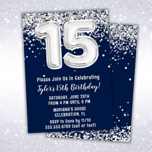 Invitation Fête d'anniversaire 15 ans Bleu Marine Argent (Créateur téléchargé)