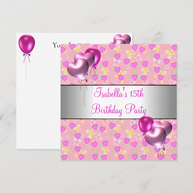 Invitation Fête d'anniversaire 15 ans Cœurs roses Ballons arg (Devant / Derrière)