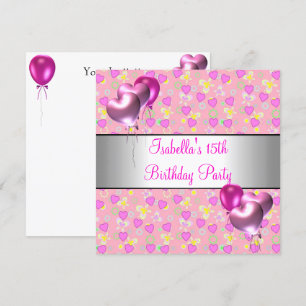 Invitation Fête d'anniversaire 15 ans Cœurs roses Ballons arg