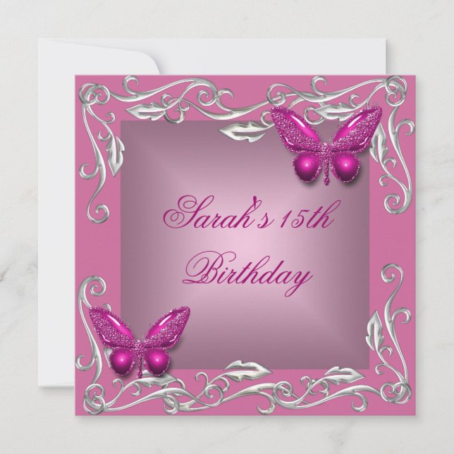 Invitation Fête d'anniversaire 15 ans Papillon Fleur Rose Arg (Devant)
