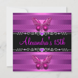 Invitation Fête d'anniversaire 15 ans Papillon Rose Violet