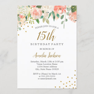 Invitation Fête d'anniversaire 15 ans Peach Gold aquarelle fl