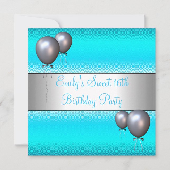 Invitation Fête d'anniversaire 16 ans Aqua Ballon Argenté (Devant)
