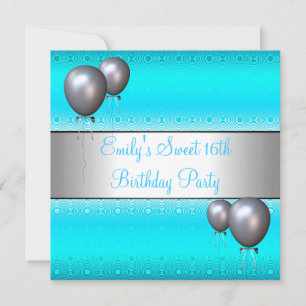 Invitation Fête d'anniversaire 16 ans Aqua Ballon Argenté