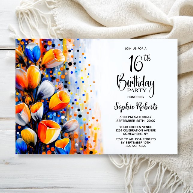 Invitation Fête d'anniversaire 16 ans aux fleurs orange et bl (Créateur téléchargé)
