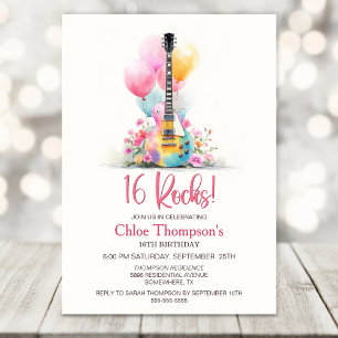 Invitation Fête d'anniversaire 16 ans avec guitare et ballons