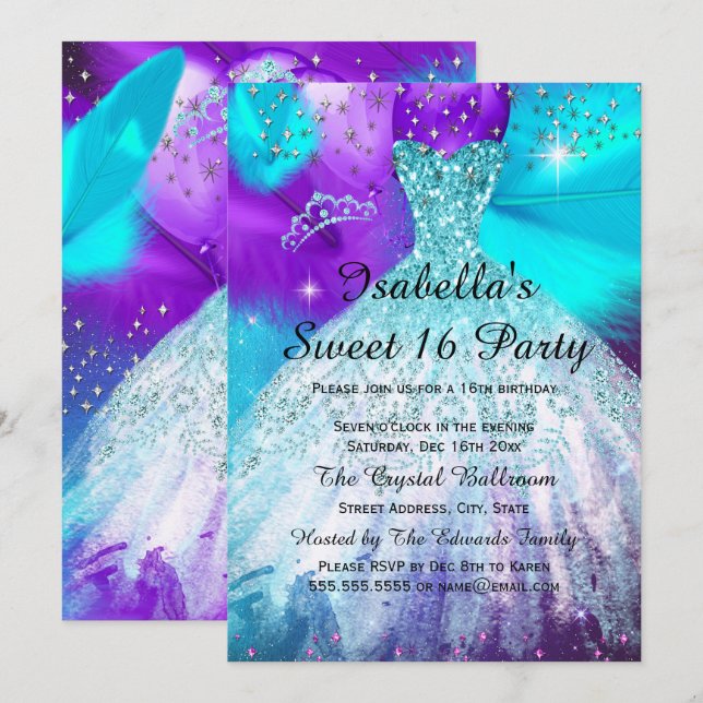 Invitation Fête d'anniversaire 16 ans Ballons sarcelle violet (Devant / Derrière)