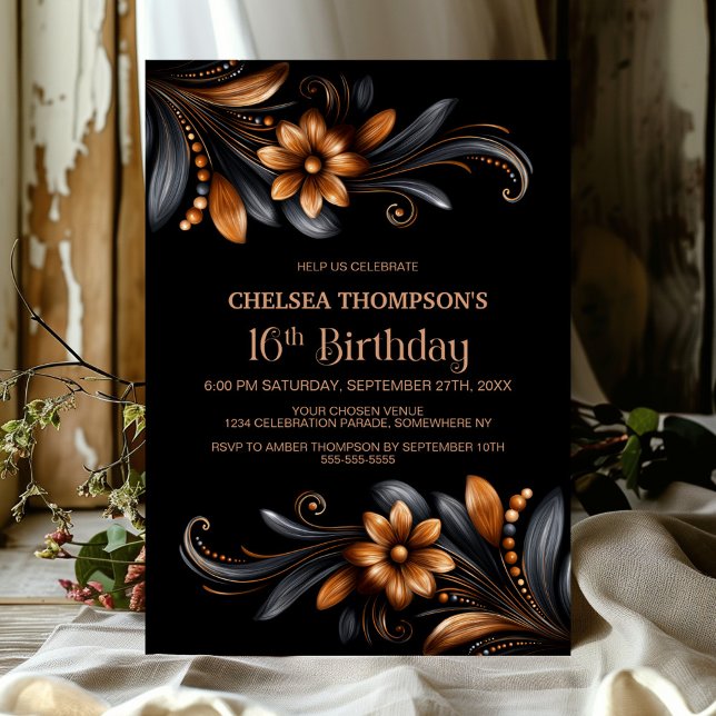 Invitation Fête d'anniversaire 16 ans Black Orange Floral (Créateur téléchargé)