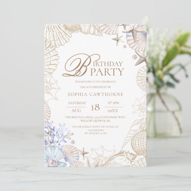 Invitation Fête d'anniversaire 16 ans Coquillage de plage  (Debout devant)