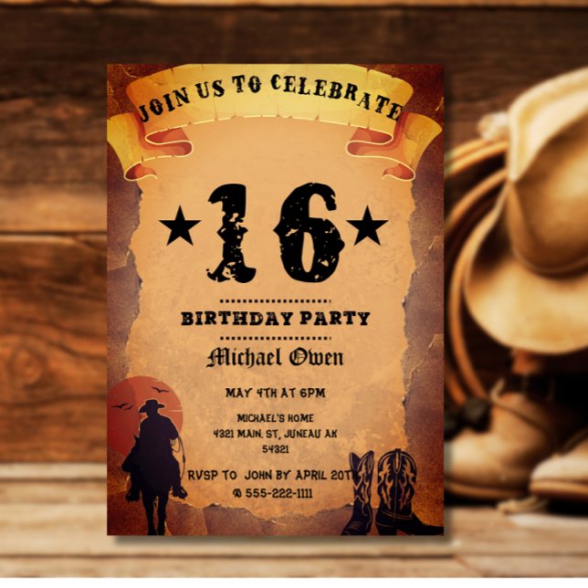 Invitation fête d'anniversaire 16 ans cowboy papier vieux che (Créateur téléchargé)