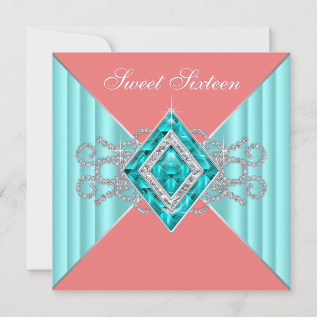 Invitation Fête d'anniversaire 16 ans Diamant Turquoise Corai (Devant)