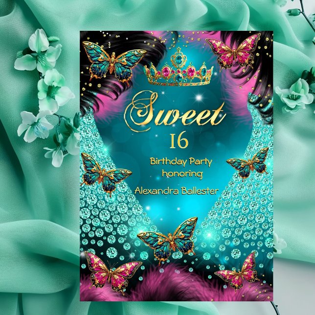 Invitation Fête d'anniversaire 16 ans douce Papillons Rose Sa (Créateur téléchargé)