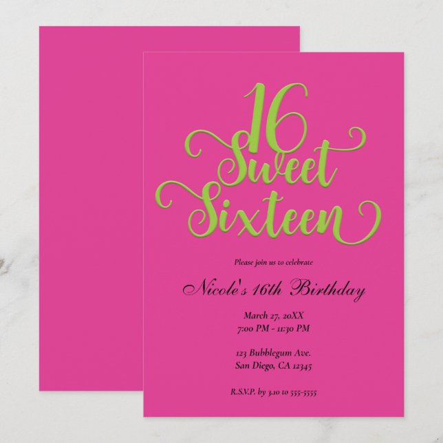 Invitation Fête d'anniversaire 16 ans douce rose vif et vert  (Devant / Derrière)