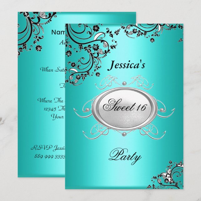 Invitation Fête d'anniversaire 16 ans douce turquoise (Devant / Derrière)