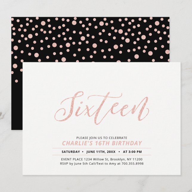 Invitation Fête d'anniversaire 16 ans lettrage moderne or ros (Devant / Derrière)