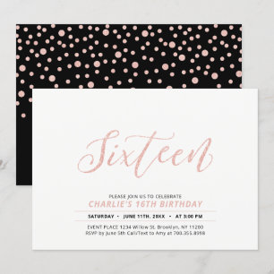 Invitation Fête d'anniversaire 16 ans lettrage moderne or ros