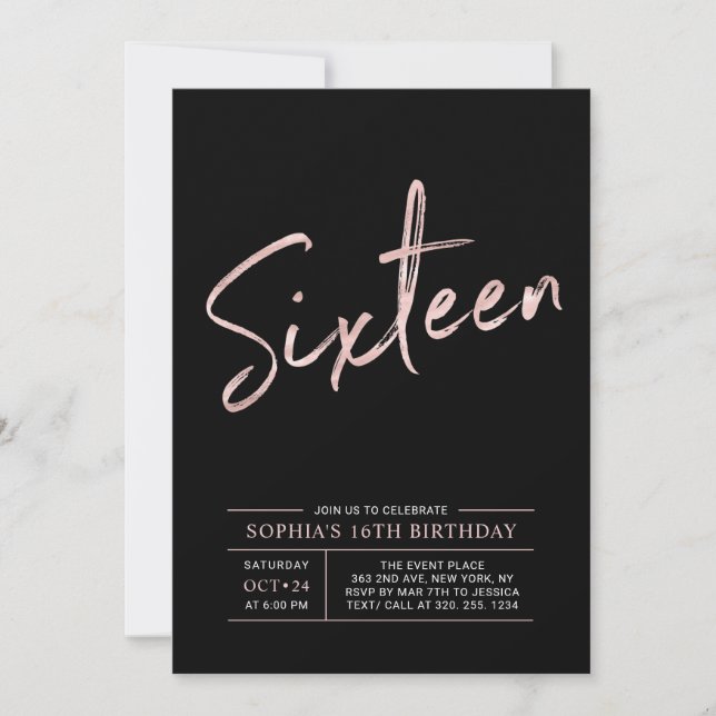 Invitation Fête d'anniversaire 16 ans moderne rose gold & noi (Devant)