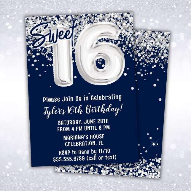 Invitation Fête d'anniversaire 16 ans Navy Blue Silver Sweet (Créateur téléchargé)