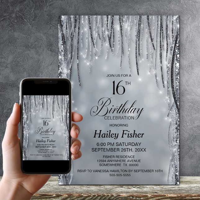 Invitation Fête d'anniversaire 16 ans paillettes noires et ar (Créateur téléchargé)