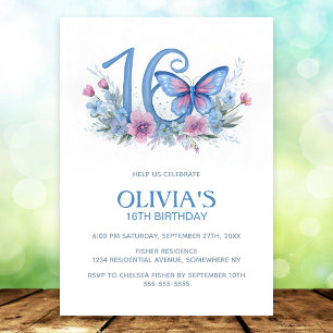 Invitation Fête d'anniversaire 16 ans Papillon Floral Bleu