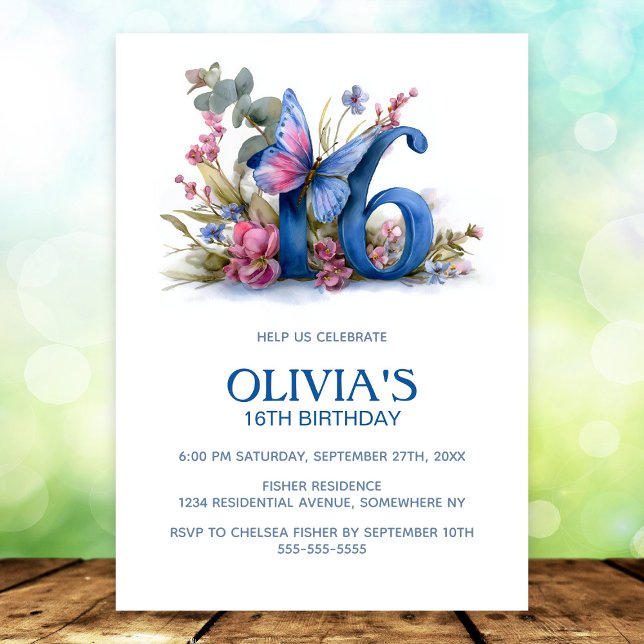 Invitation Fête d'anniversaire 16 ans papillon floral bleu ro (Créateur téléchargé)
