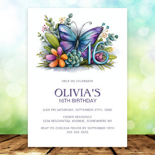 Invitation Fête d'anniversaire 16 ans papillon floral bleu vi