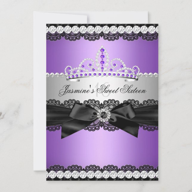 Invitation Fête d'anniversaire 16 ans Purple Silver Black Lac (Devant)