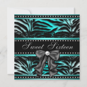 Invitation Fête d'anniversaire 16 ans rayée bleu cyan sucrée