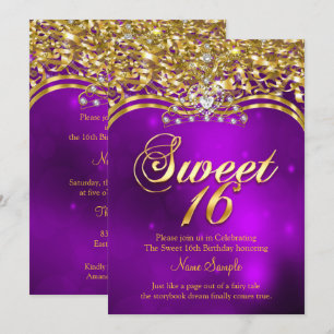 Invitation Fête d'anniversaire 16 ans Rose Pailleté Or Violet
