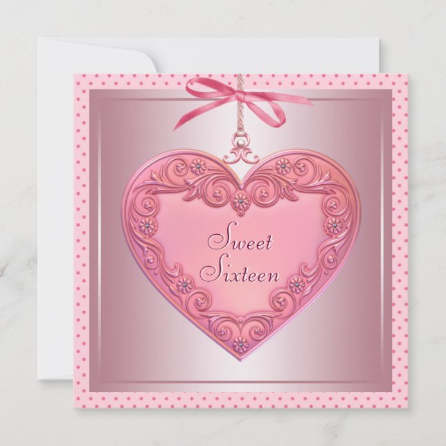 Invitation Fête d'anniversaire 16 ans Sweet 16 rose cœur rose (Devant)