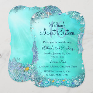 Invitation Fête d'anniversaire 16 ans Teal Ocean Jewel 2