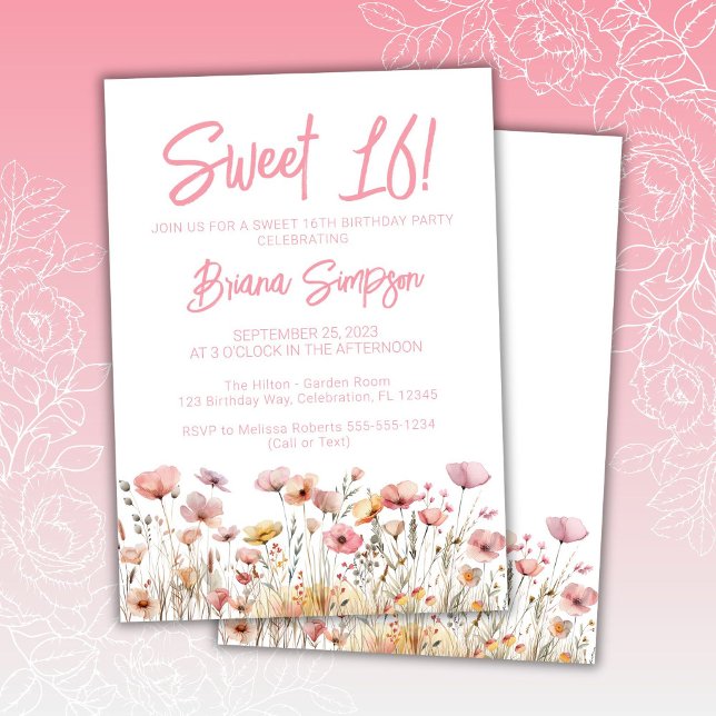 Invitation Fête d'anniversaire 16 ans thème floral rose (Créateur téléchargé)