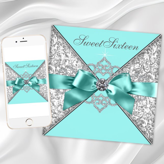 Invitation Fête d'anniversaire 16 ans White Diamonds Bleu sar (Teal blue silver sweet sixteen invitation with pretty diamonds and bow. Any number or event.)